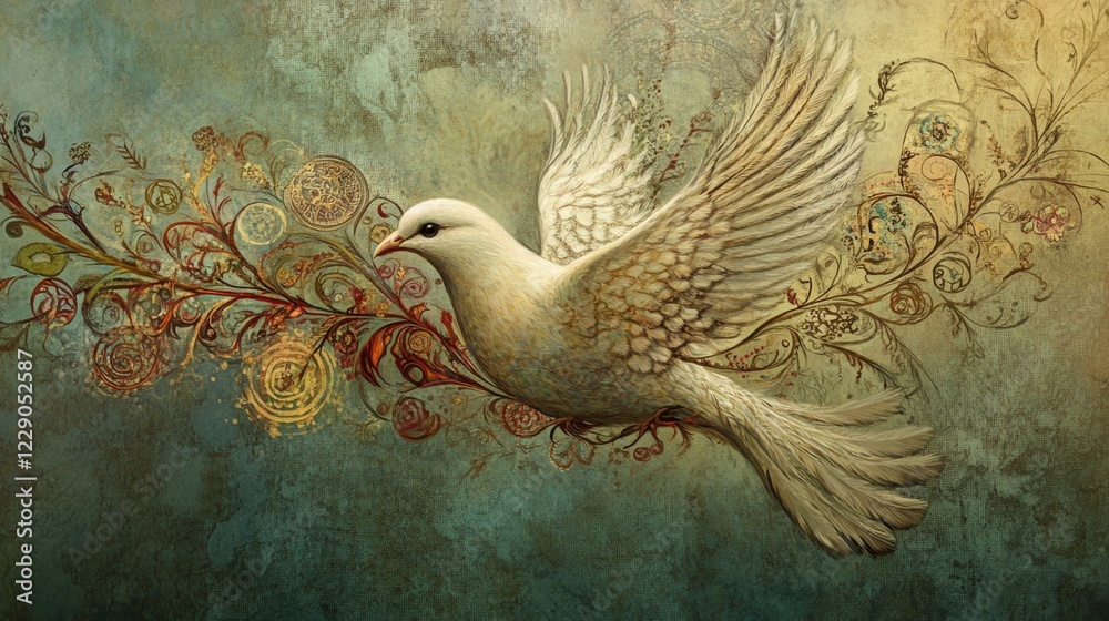 Fototapeta premium A stunning illustration of a white bird in flight, surrounded by intricate floral elements and vibrant colors. This artwork embodies themes of beauty and freedom.