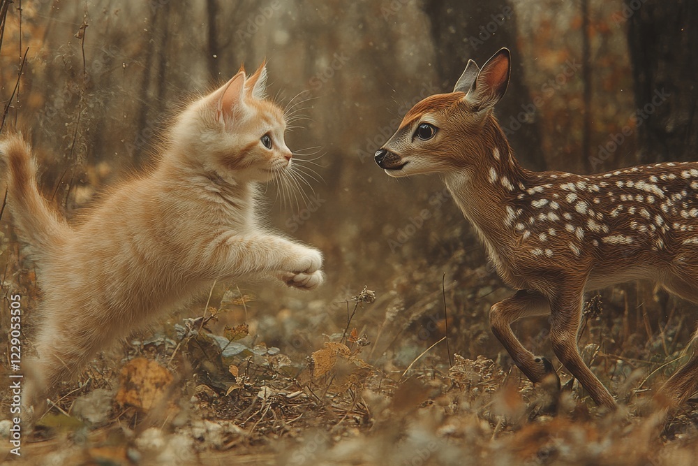 Fototapeta premium A cat startled by a deer in the woods. Generative AI
