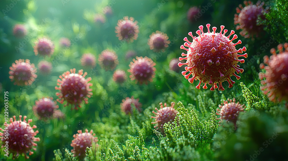 Microbial world teeming with vibrant virus-like structures in a lush green setting. Generative AI Microbial world teeming with vibrant virus-like structures in a lush green setting. Generative AI