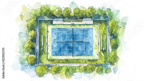 Aerial Watercolor Stadium Tennis Court View