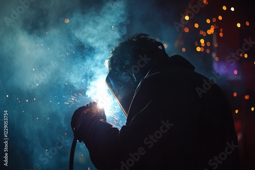 Welder working at night with sparks flying in the background photo