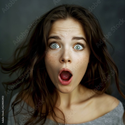 Surprised young brunette with freckles, open mouth, in grey clothes, amazed, surprised, advertising, special offer, AI generated