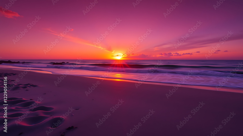 Fototapeta premium Vibrant sunset over beach, dramatic purple and orange sky, golden sun sinking into horizon, calm ocean waves, sandy shoreline, footprints in sand, serene coastal landscape, vivid colors, twilight atmo