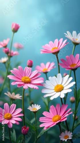 Delicate Pink and White Daisy Blossoms in a Vibrant Garden Setting, Bathed in Soft Sunlight