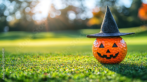 Bright orange pumpkin golf ball wearing a witch hat on lush green grass during sunny autumn afternoon. Generative AI