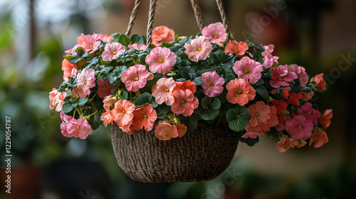 Hanging basket filled with vibrant pink and peach begonias in a lush garden setting during the afternoon. Generative AI