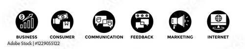 B2C web banner concept with group of icons for business and media