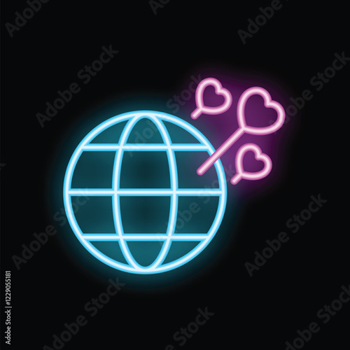 Neon icon of a world globe with glowing hearts emanating from it, symbolizing global love, connection, and unity