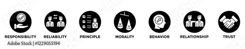 BUSINESS ETHICS web banner concept with group of icons for business and media
