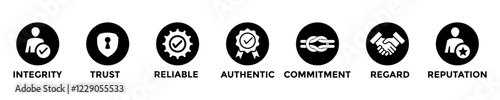 credibility web banner concept with group of icons for business and media