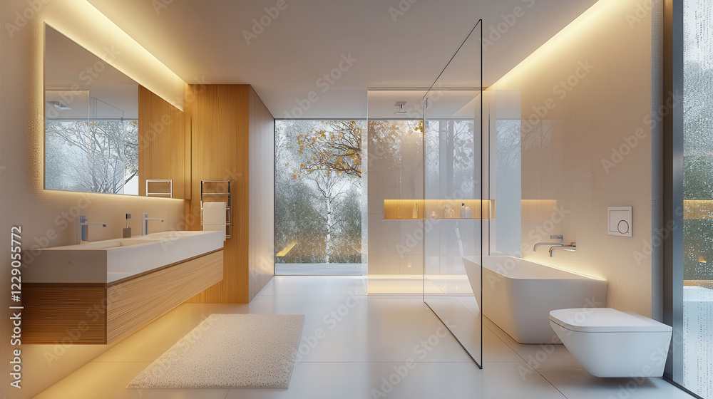 Fototapeta premium minimalist bathroom with clean lines, modern fixtures, and natural light. serene atmosphere enhances relaxation and comfort