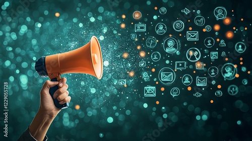 social network marketing: hand with megaphone, glowing icons and people symbols, on a dark green backdrop, highlighting advertising and engagement.