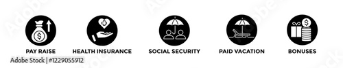 employee benefits web banner concept with group of icons for business and media