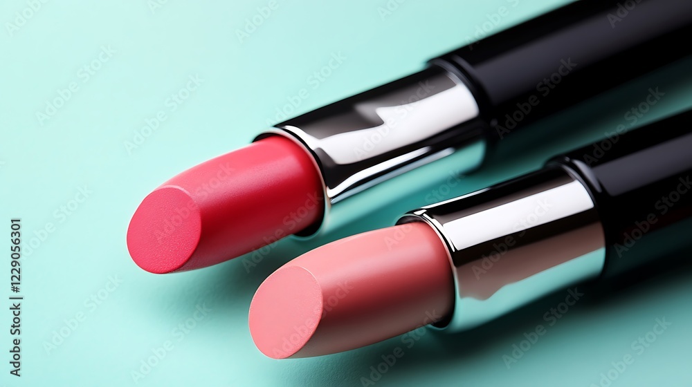 Two lipsticks, pink and red, close-up on mint background. Two lipsticks, pink and red, close-up on mint background.