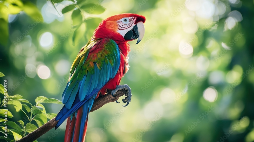 Obraz premium Scarlet macaw perched on a branch in lush green foliage.
