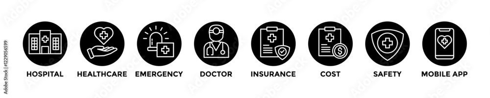 medical care web banner concept with group of icons for business and media medical care web banner concept with group of icons for business and media