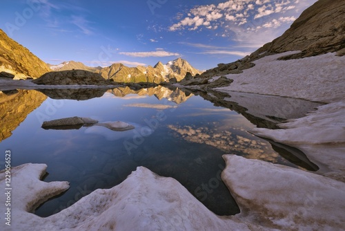 Reflection of the Oberalpstock in a mountain lake, Maderanertal, Canton Uri, Switzerland, Europe photo