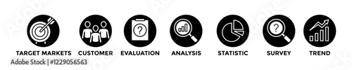 market research web banner concept with group of icons for business and media