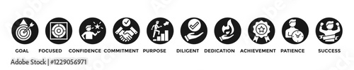 perseverance web banner concept with group of icons for business and media