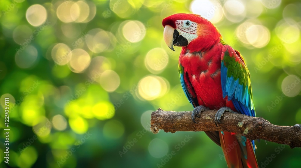 Scarlet macaw perched on branch, vibrant plumage, bokeh background. Scarlet macaw perched on branch, vibrant plumage, bokeh background.