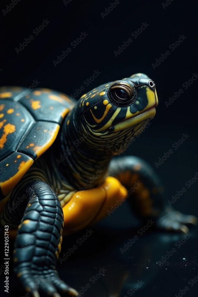 A Close-Up View of a Strikingly Colored Reptile with a Smooth, Shiny Shell and Yellow Accents A Close-Up View of a Strikingly Colored Reptile with a Smooth, Shiny Shell and Yellow Accents