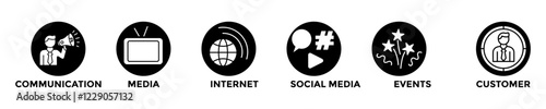 PUBLIC RELATIONS web banner concept with group of icons for business and media