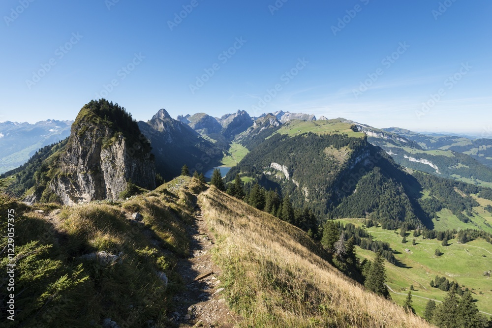 Obraz premium View of the Appenzell Alps as seen from the geological mountain trail, lake Saemtisersee below, canton of Appenzell Inner-Rhodes, Switzerland, Europe