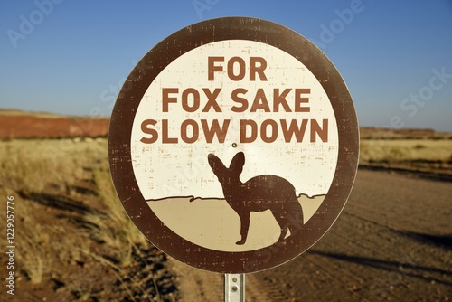 Sign Caution Bat-eared foxes (Otocyon megalotis), Gondwana Namib Park, near Sesriem, Hardap Region, Namibia, Africa photo