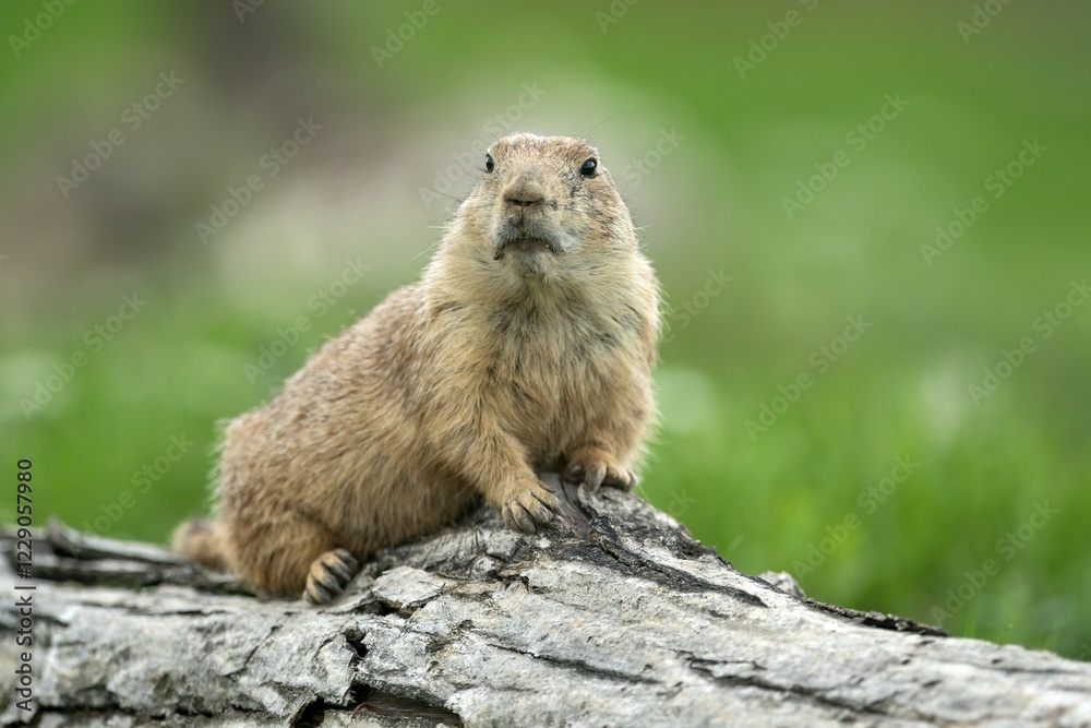 Fototapeta premium Black-tailed Prairie Dog (Cynomys ludovicianus) lying on tree trunk, France, Europe