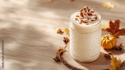 Cozy autumn-themed butterscotch milkshake garnished with pumpkin spices, served in a mason jar with Thanksgiving-themed leaves and mini pumpkins