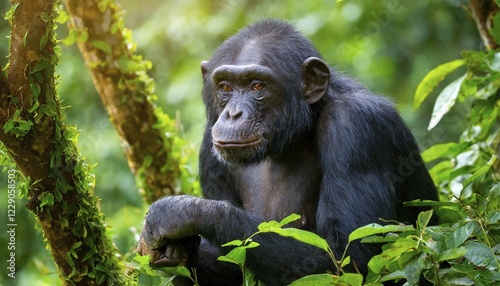 AI generated, animal, animals, mammal, mammals, biotope, habitat, one, individual, foraging, wildlife, chimpanzee, monkey, apes, primates, Africa, rainforest, AI generated photo