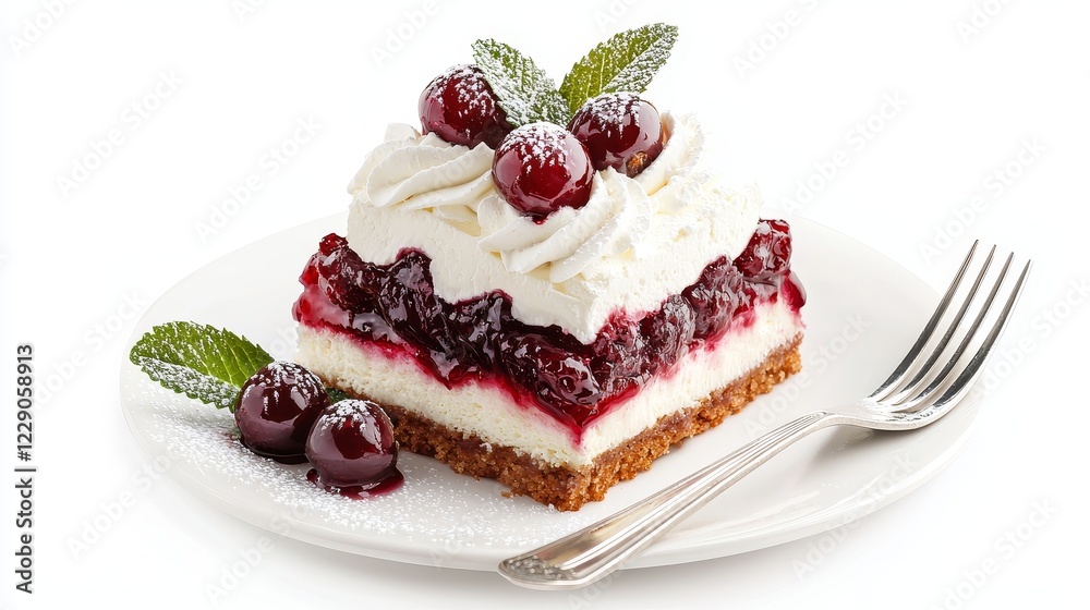 Cranberry upside-down cake piece with fresh whipped cream, holiday dessert detail, vivid food styling, dessert fork beside, isolated on white background Cranberry upside-down cake piece with fresh whipped cream, holiday dessert detail, vivid food styling, dessert fork beside, isolated on white background
