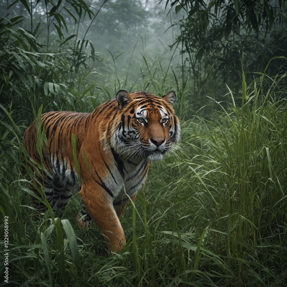 Fototapeta premium A tiger prowling through tall grass in a misty jungle.