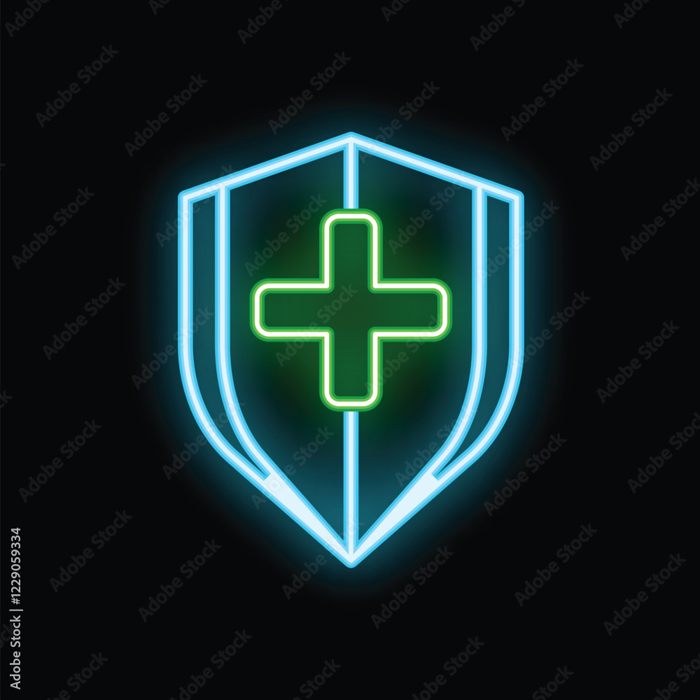 Obraz premium Neon shield is surrounding a green cross symbol, representing health protection