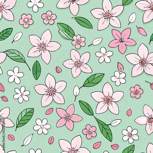 A seamless pattern featuring sakura blossoms, leaves, and petals scattered in a balanced design (3).eps