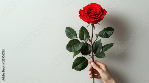 Holding a red rose against a simple background showcases beauty and elegance in floral arrangements. Generative AI