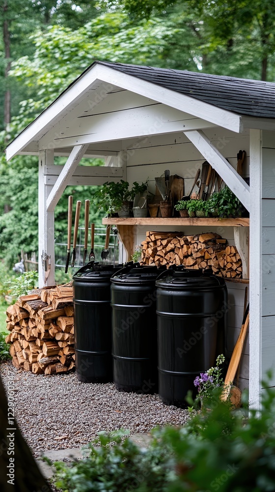 Obraz premium Neatly arranged firewood, compost bins, and gardening tools under a white backyard shed, symbolizing sustainability, organization, and eco-friendly living.