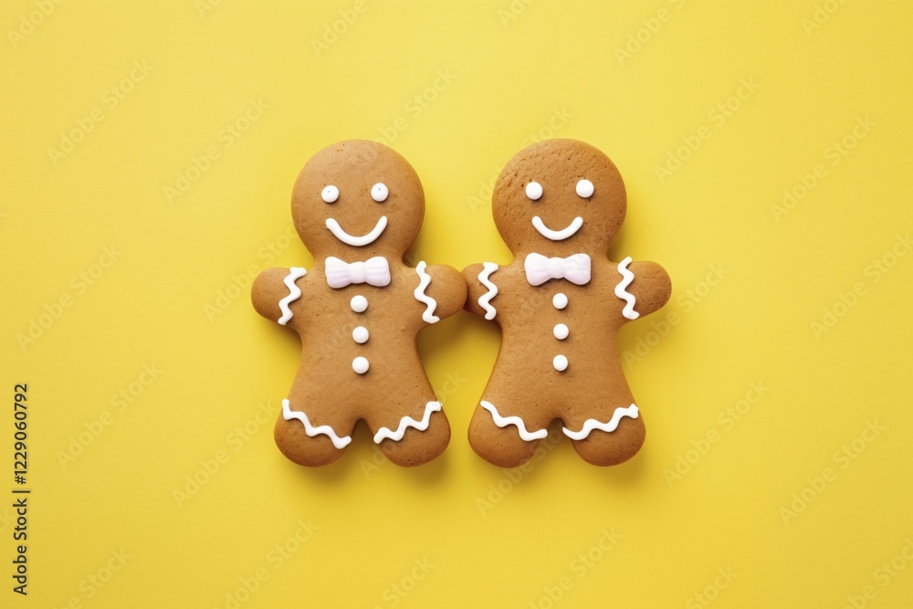 Pair of cute gingerbread cookie men on yellow background. KI generiert, generiert AI generated Pair of cute gingerbread cookie men on yellow background. KI generiert, generiert AI generated