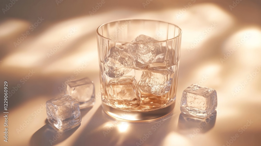 A glass filled with ice water and ice cubes. The ice cubes are spread out around the glass A glass filled with ice water and ice cubes. The ice cubes are spread out around the glass