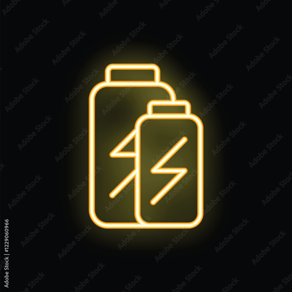 Bright neon yellow battery charging icon glowing on a black background, representing portable power and energy Bright neon yellow battery charging icon glowing on a black background, representing portable power and energy