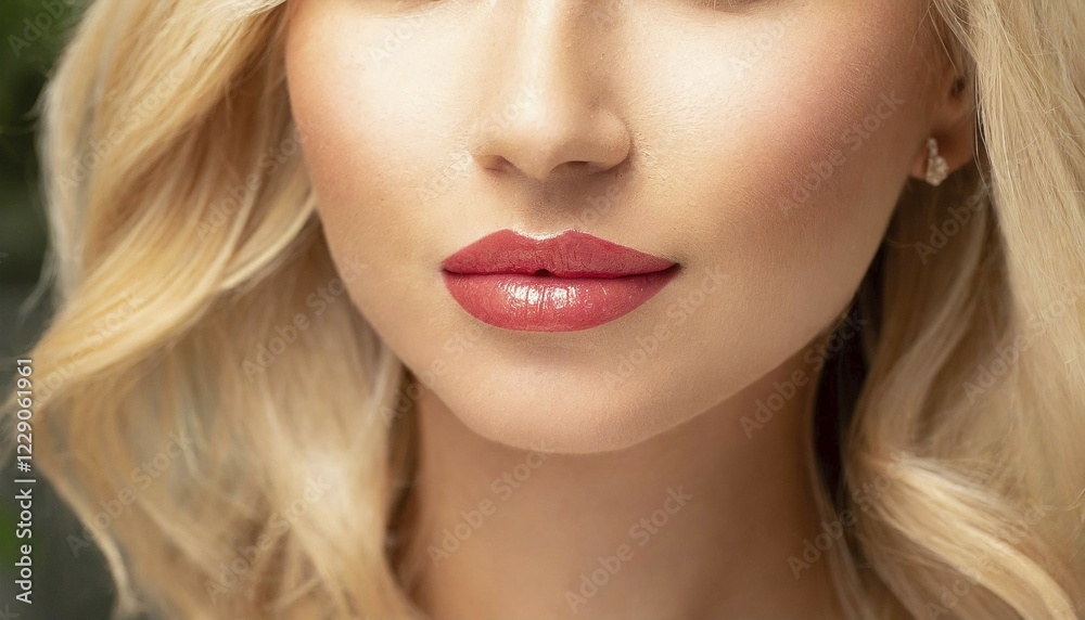 Close-up of lips with pink lipstick and blonde hair of a woman, AI generated, AI generated Close-up of lips with pink lipstick and blonde hair of a woman, AI generated, AI generated