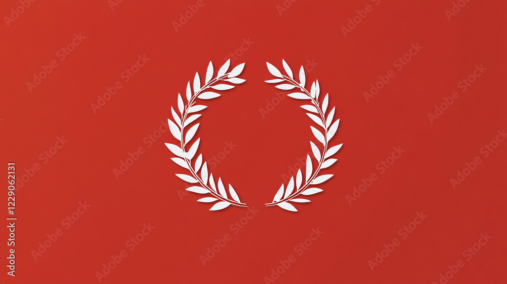 Obraz premium A white laurel wreath symbol on a bold red background representing victory honor and achievement in a clean and minimalist design