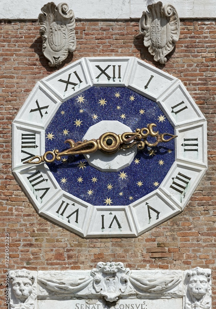 Old clock on arsenal tower gate, Castello, Venice, Veneto, Italy, Europe Old clock on arsenal tower gate, Castello, Venice, Veneto, Italy, Europe