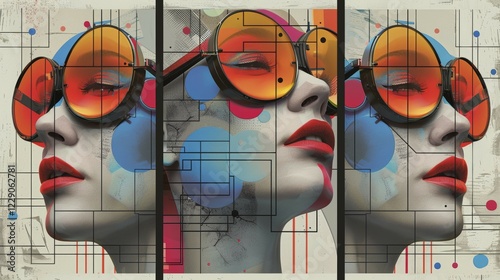 A vibrant abstract mural displaying a stylized face with sunglasses, interlaced with musical elements, ai generated, AI generated