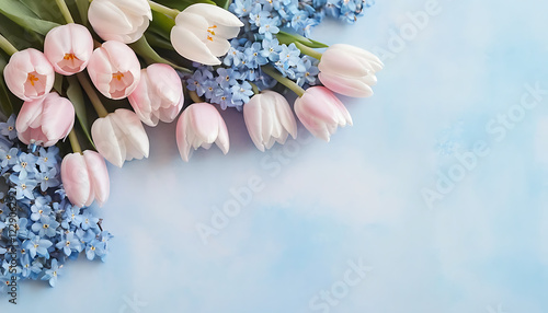 Delicate spring flowers, pastel pink background, soft white cherry blossoms, pink tulips, hyacinths, tiny blue forget-me-nots, floral border, dreamy and romantic, high-key lighting, gentle color palet