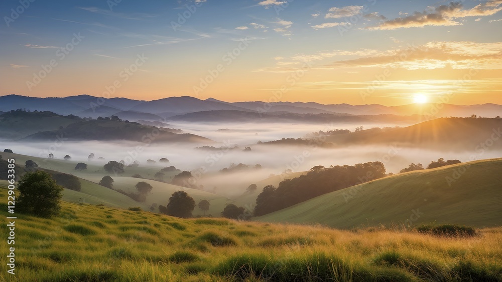 Sunrise over a serene valley with green rolling hills, AI generated Sunrise over a serene valley with green rolling hills, AI generated