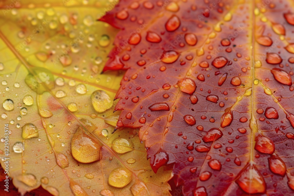 Close up of water droplets on red and yellow autumn leaves. Generative Ai, AI generated Close up of water droplets on red and yellow autumn leaves. Generative Ai, AI generated