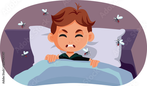 Insects Disturbing the Sleep of Little Kid Vector Cartoon Illustration. Kid being annoyed by insects while trying to get some rest 
