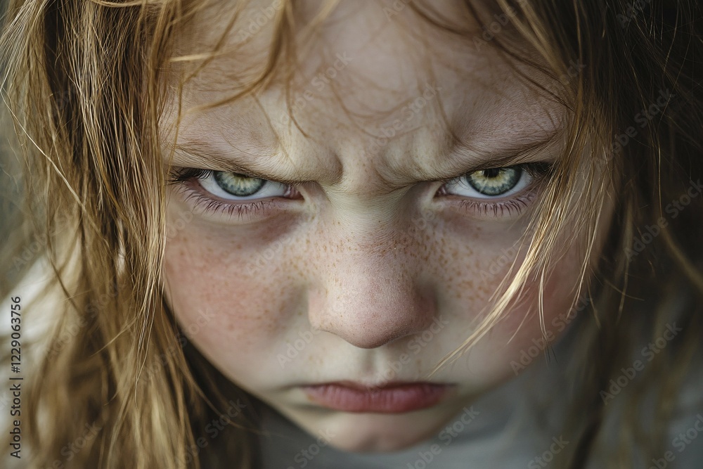Close up of angry face of female child. Generative Ai, AI generated Close up of angry face of female child. Generative Ai, AI generated