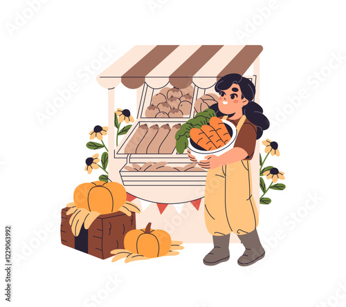 Cute girl sells vegetables, farm food on local market. Kid seller carries carrot to stall, counter for sale. Baby farmer is vendor of harvest on fair. Flat isolated vector illustration on white